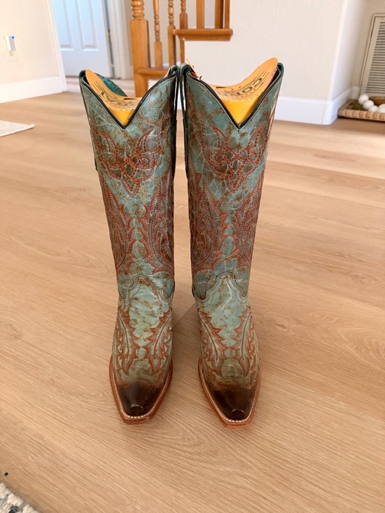 Corral Boots Shoes - Turquoise and Brown Embroidered Leather Knee-High Heeled Boots